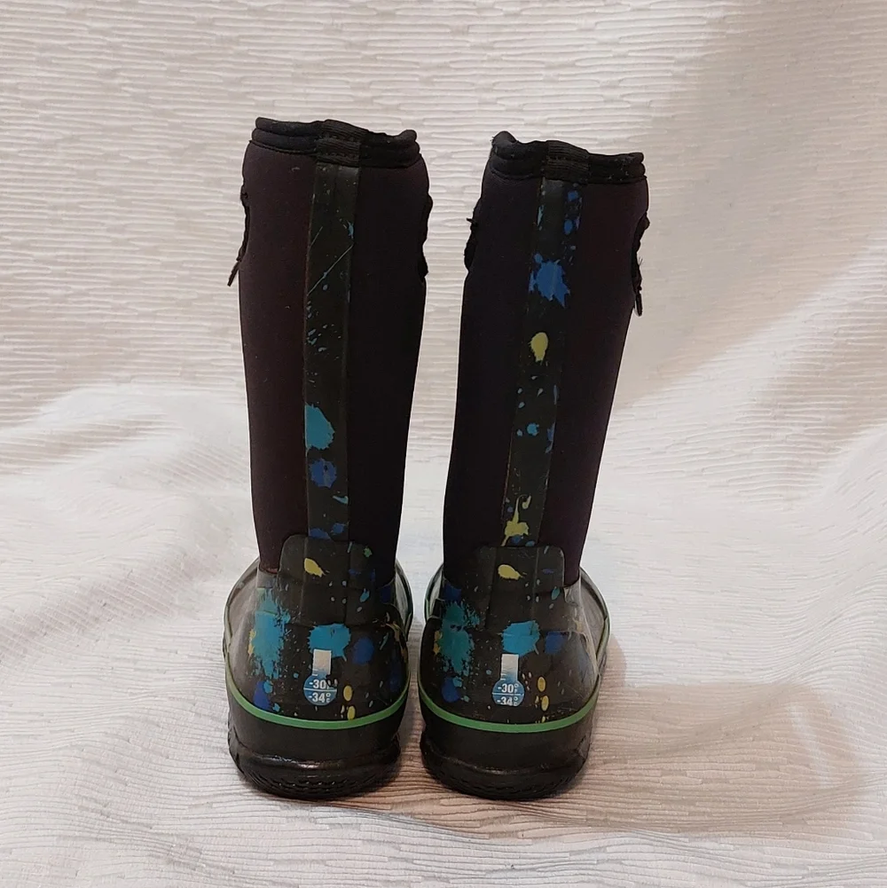 Bogs Kids Black Rain Boots with Green and Blue Splash Size 3
